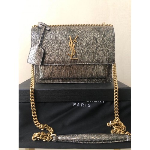 Yves Saint Laurent SUNSET SMALL CHAIN BAG IN SHINY SCALE-EMBOSSED LEATHER Y544296 grey