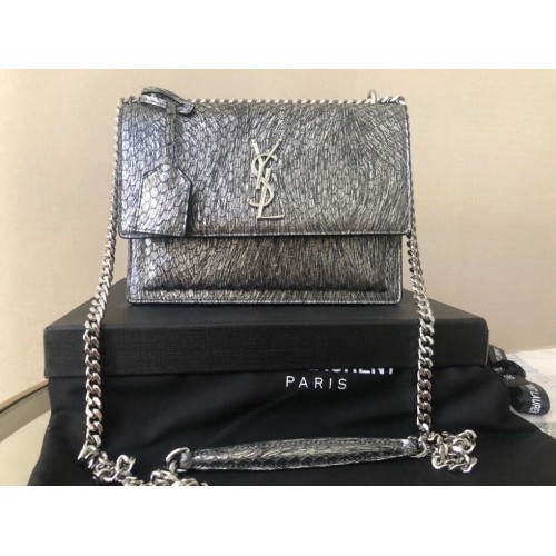Yves Saint Laurent SUNSET SMALL CHAIN BAG IN SHINY SCALE-EMBOSSED LEATHER Y544296 silver