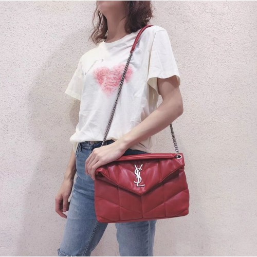 Yves Saint Laurent LOULOU PUFFER SMALL BAG IN QUILTED CRINKLED MATTE LEATHER Y577476 Red