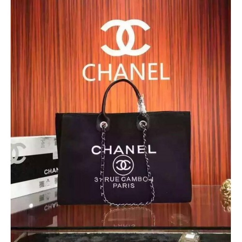 Chanel Medium Canvas Tote Shopping Bag Black