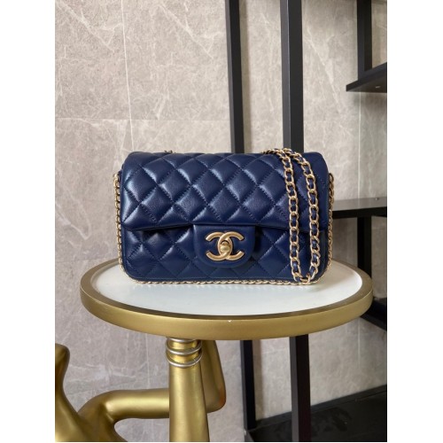 chanel classic handbag Lambskin &Imitation Pearlsgold Metal AS1740 blue