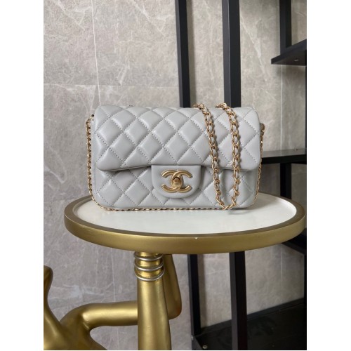 chanel classic handbag Lambskin &Imitation Pearlsgold Metal AS1740 light gray