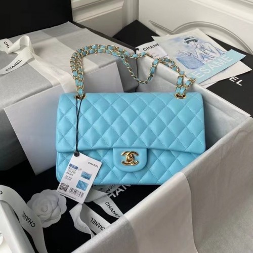 chanel classic handbag Lambskin gold Metal A01112 light blue