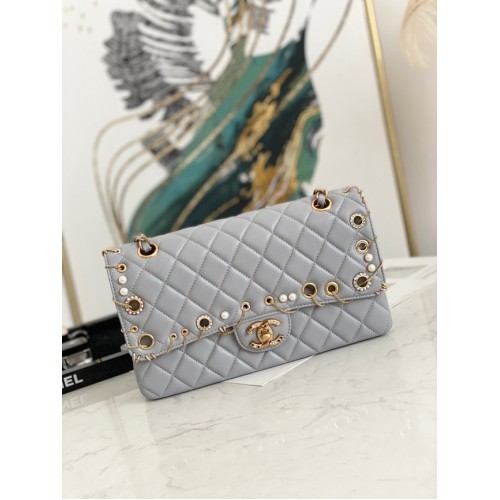 chanel classic handbag Lambskingold Metal AS1112 gray
