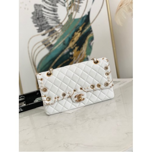 chanel classic handbag Lambskingold Metal AS1112 white