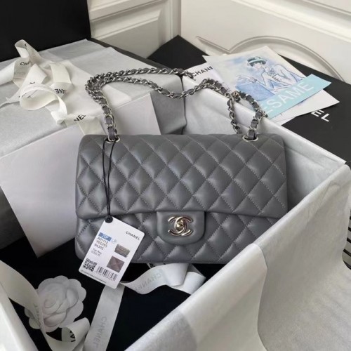 chanel classic handbag Lambskin silver Metal A01112 dark grey