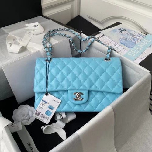 chanel classic handbag Lambskin silver Metal A01112 light blue