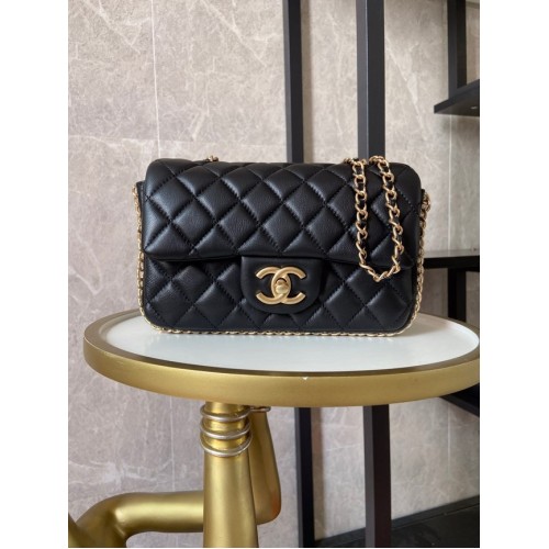 chanel classic handbag Lambskin &Imitation Pearlsgold Metal AS1740 black