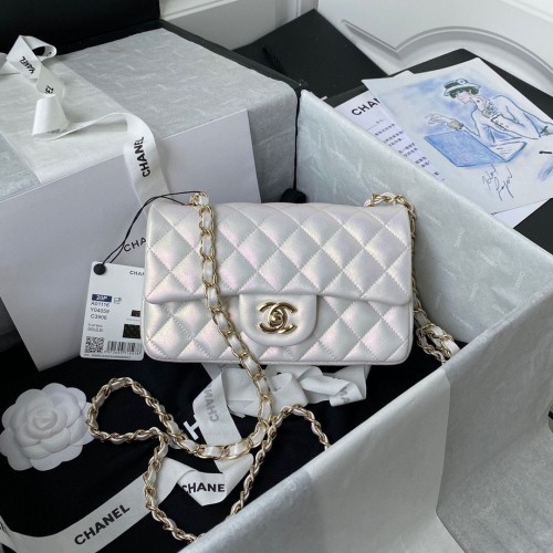 chanel flap bag Iridescent Calfskin Light Gold-Tone AS1116 Pearl White