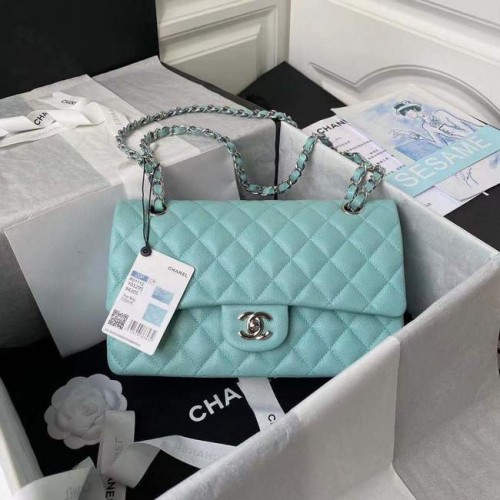 chanel flap bag Grained Calfskin silver Metal A01112 light blue