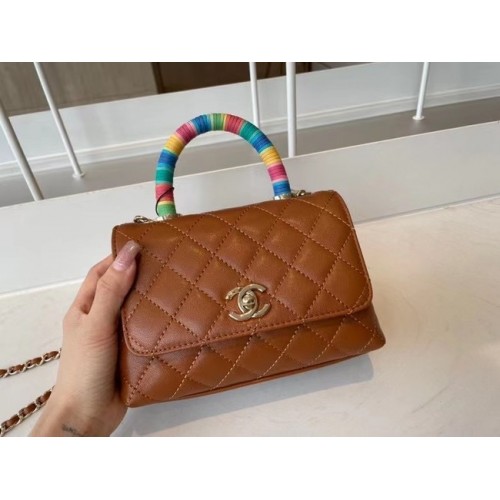chanel mini flap bag with top handle AS2215 brown