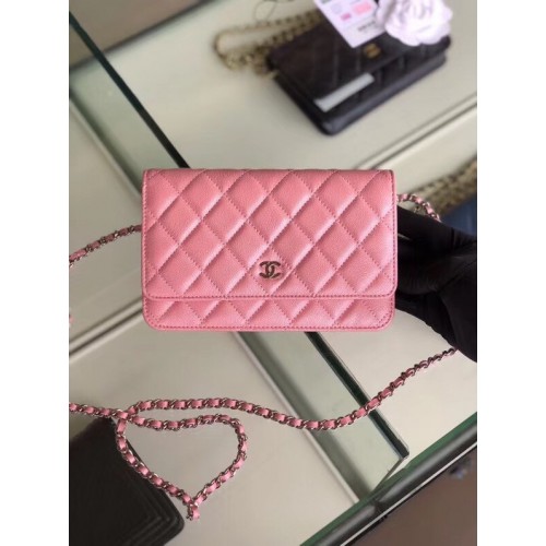 Chanel classic wallet on chain Grained Calfskin Silver-Tone Metal 33814 Pearlescent Pink